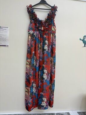 Tuckernuck Red Floral Maxi Dress with Blue and Purple Accents